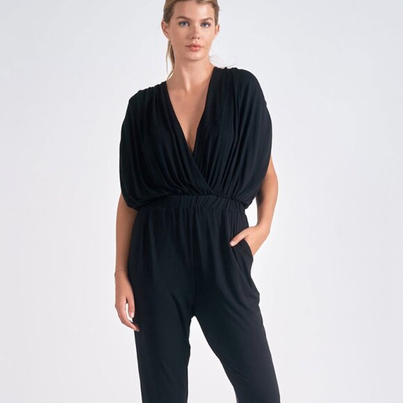 Elan Black V-neck Jersey stretch Jumpsuit - Picture 1 of 9